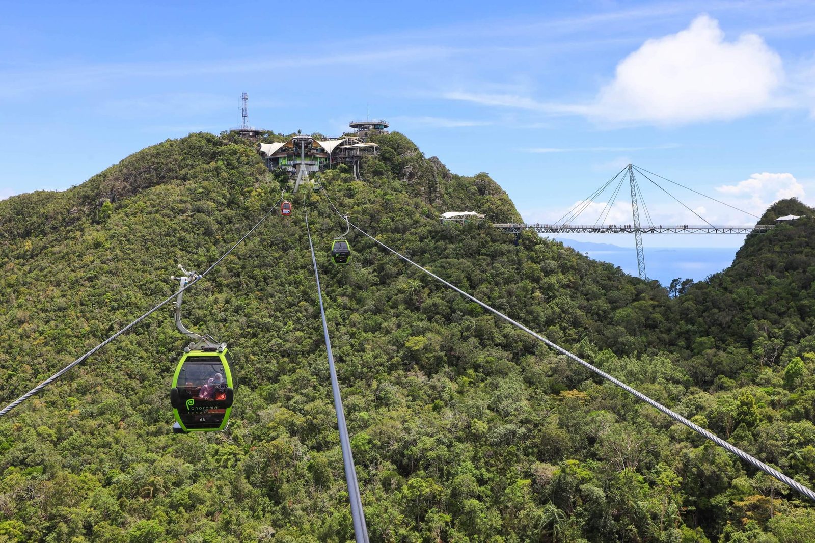 Cable cars climbing toward the SkyCab summit with the SkyBridge behind